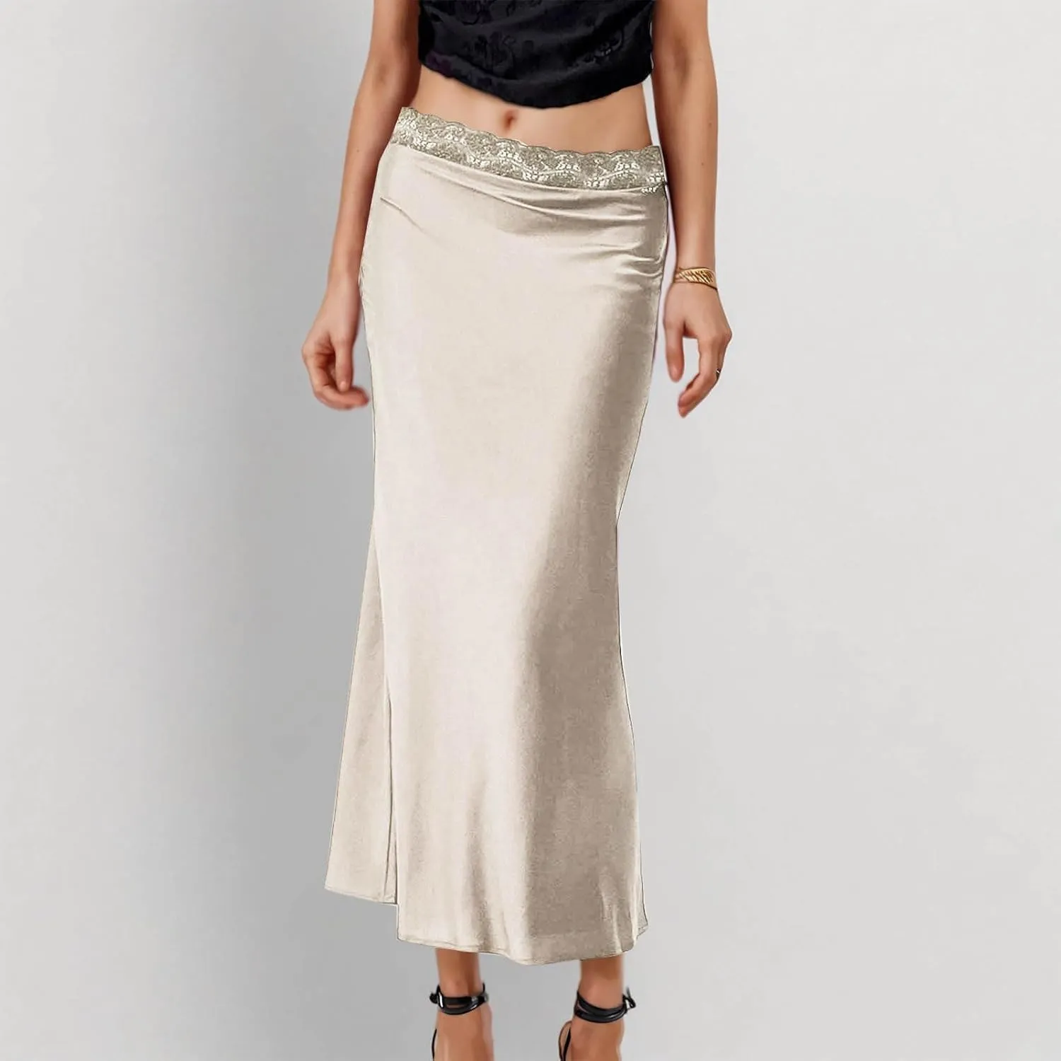 Satin Silk Maxi Skorts Women Summer Dressy Lace High Waist A Line Flared Skirt Casual Fashion Elagant Flowy Skirts