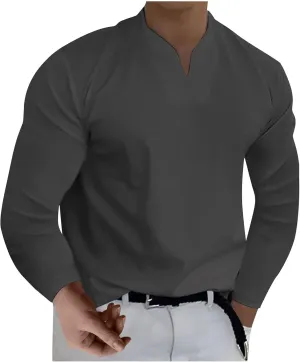 Shirts for Men Fashion Western Long Sleeve Oversized Tshirts Streetwear V Neck Shirt Big and Tall Solid Fall Clothes