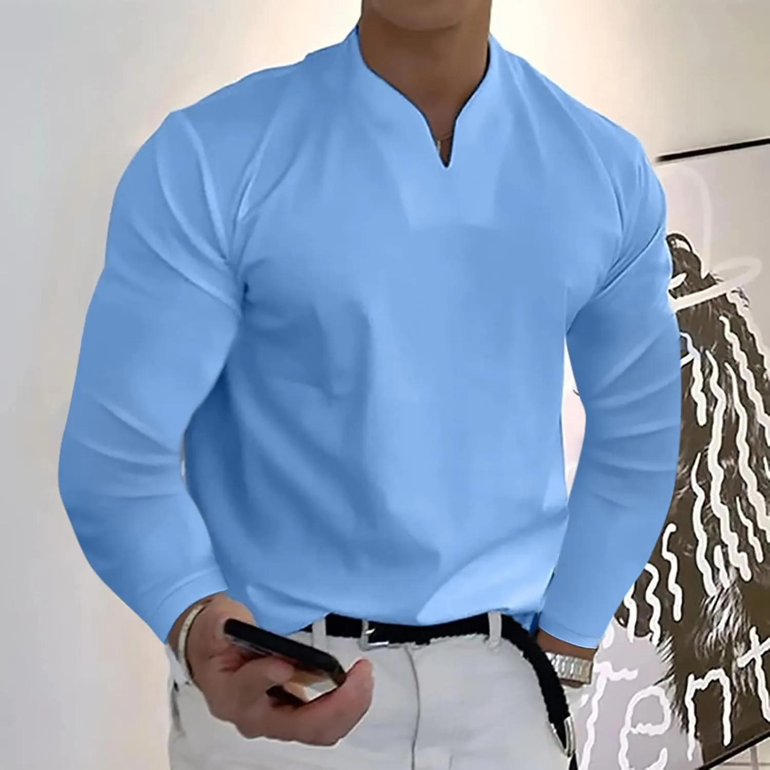 Shirts for Men Fashion Western Long Sleeve Oversized Tshirts Streetwear V Neck Shirt Big and Tall Solid Fall Clothes