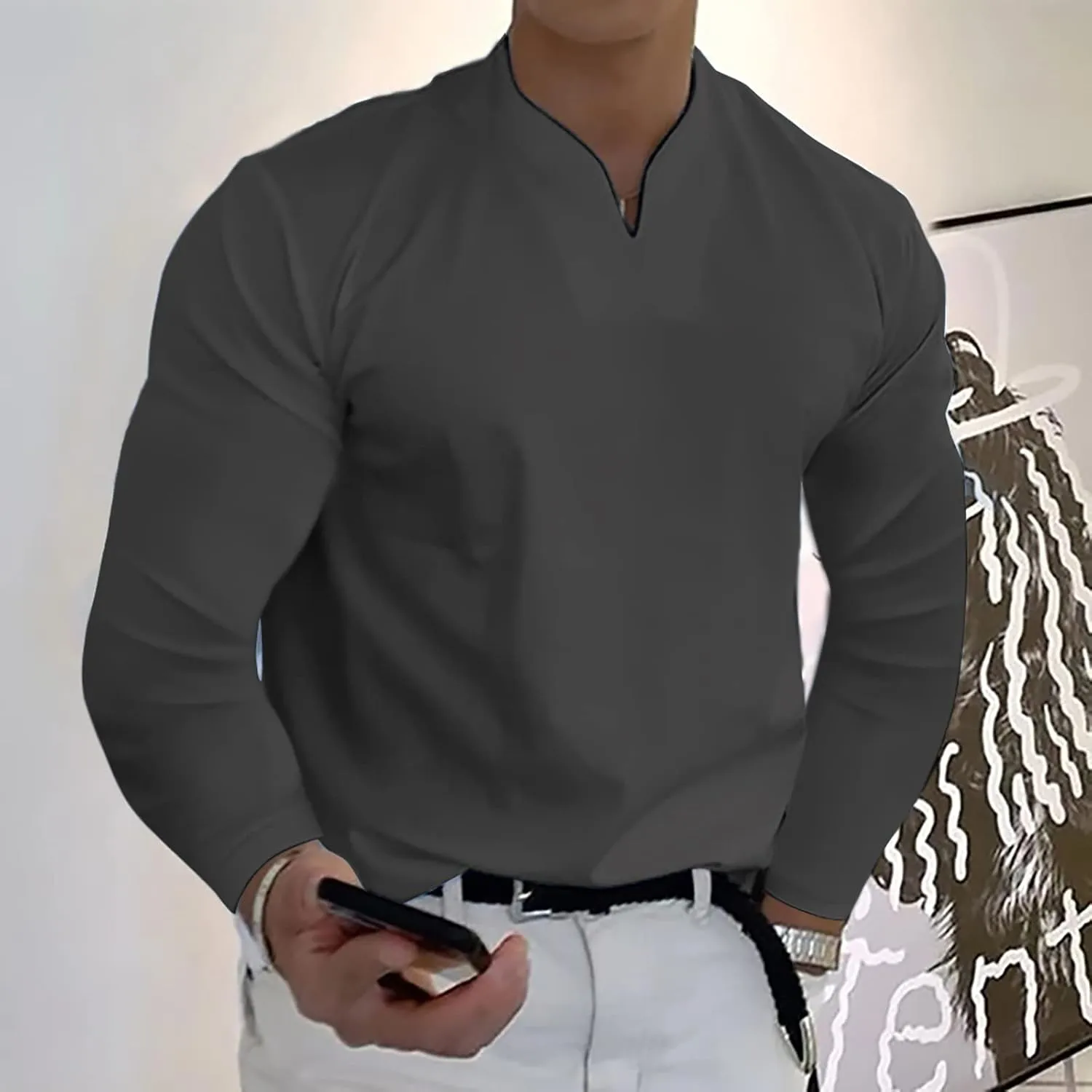 Shirts for Men Fashion Western Long Sleeve Oversized Tshirts Streetwear V Neck Shirt Big and Tall Solid Fall Clothes