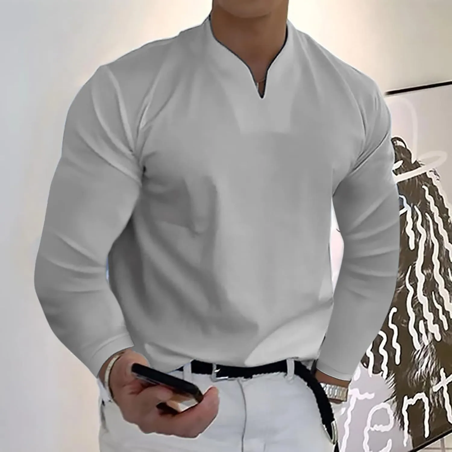 Shirts for Men Fashion Western Long Sleeve Oversized Tshirts Streetwear V Neck Shirt Big and Tall Solid Fall Clothes