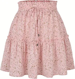 Short Skirts for Women 2025 Vacation A-Line Ruffle Hem Shirt Loose Floral Drawstring Cute Beach Casual Skirt Summer