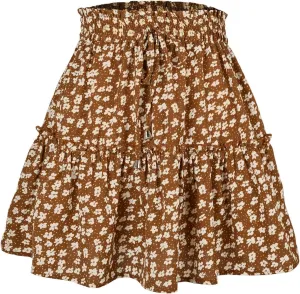 Short Skirts for Women 2025 Vacation A-Line Ruffle Hem Shirt Loose Floral Drawstring Cute Beach Casual Skirt Summer