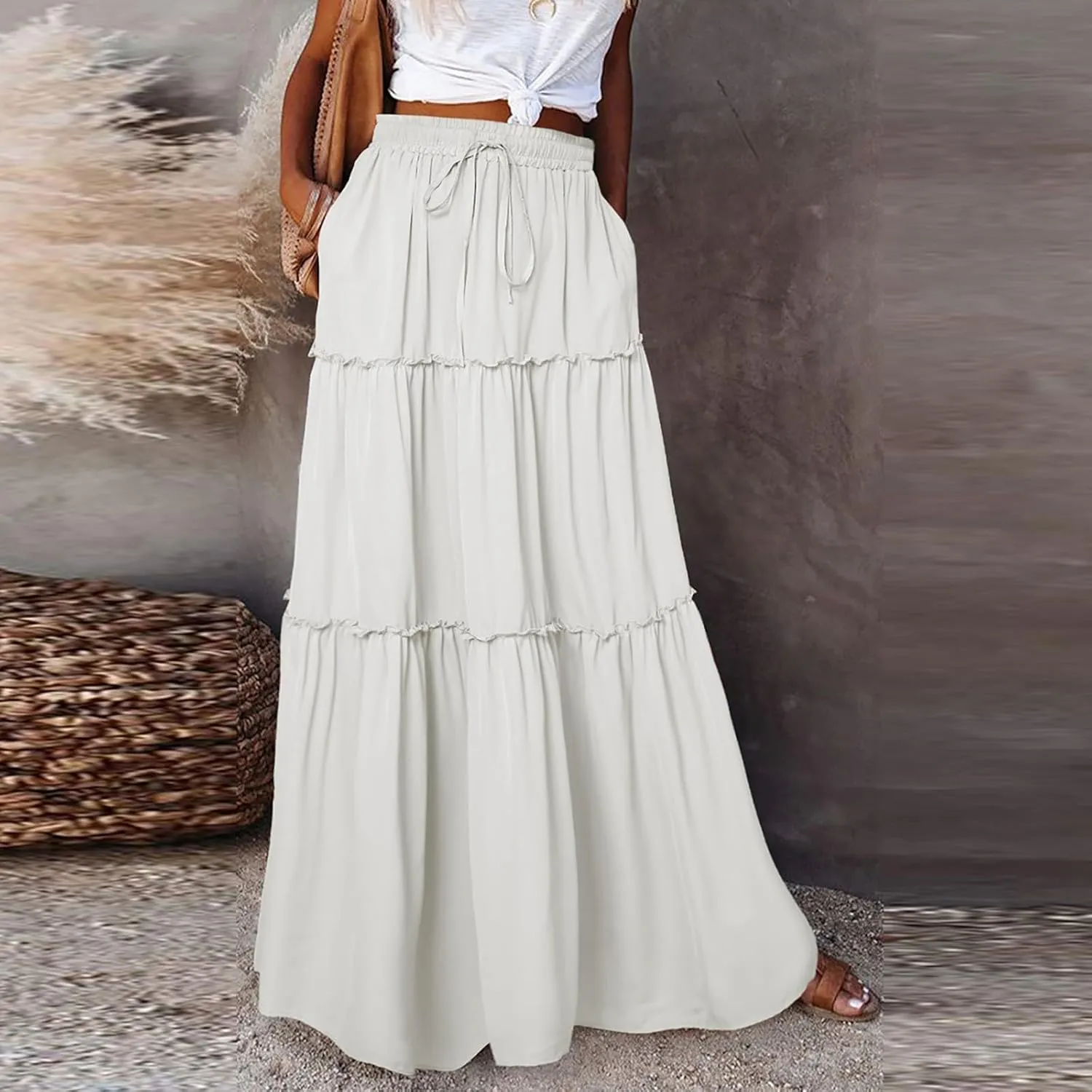 Silk Maxi Skirts for Women Long Tiered Elastic High Waisted Skirts Drawstring Pleated Dance Flowy Skirt with Pockets