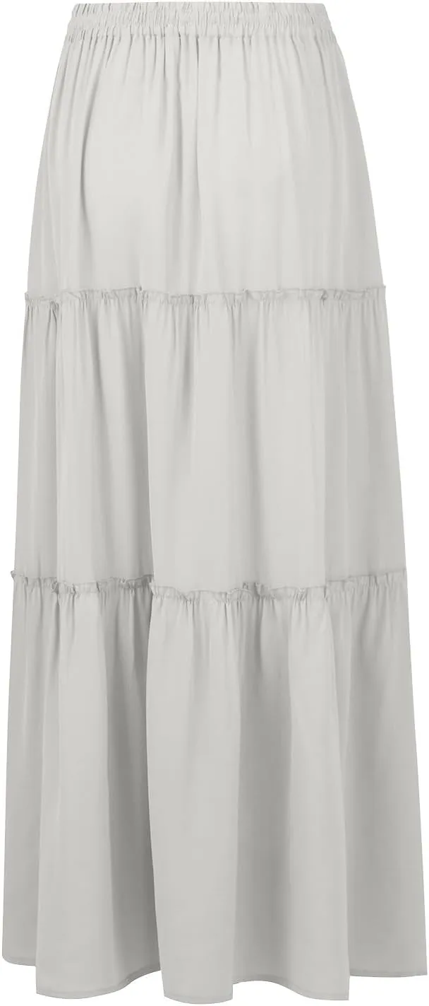 Silk Maxi Skirts for Women Long Tiered Elastic High Waisted Skirts Drawstring Pleated Dance Flowy Skirt with Pockets