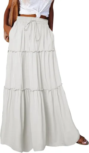 Silk Maxi Skirts for Women Long Tiered Elastic High Waisted Skirts Drawstring Pleated Dance Flowy Skirt with Pockets