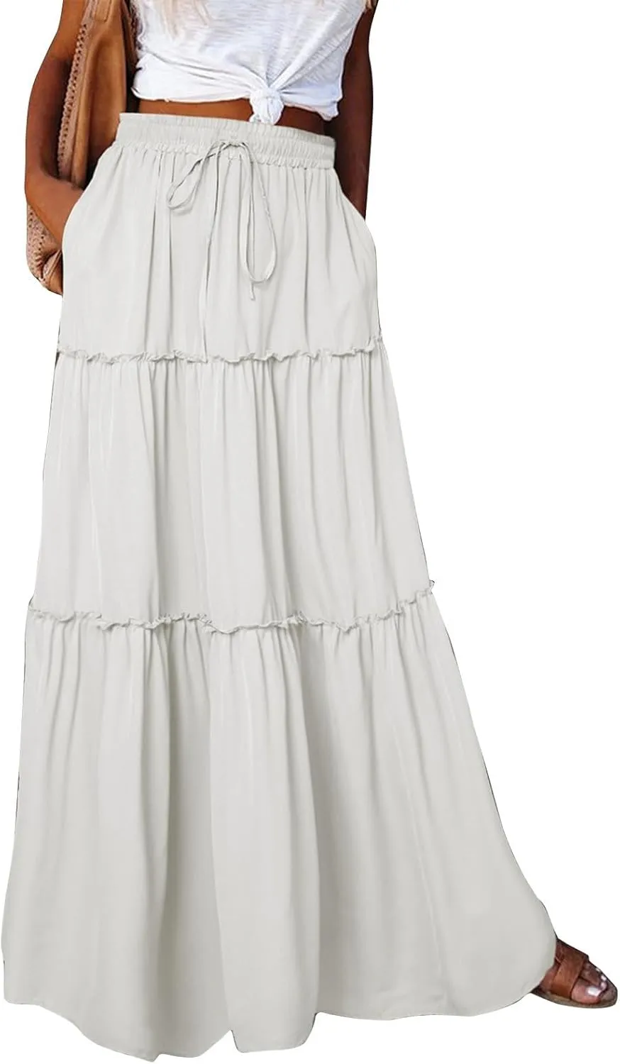 Silk Maxi Skirts for Women Long Tiered Elastic High Waisted Skirts Drawstring Pleated Dance Flowy Skirt with Pockets