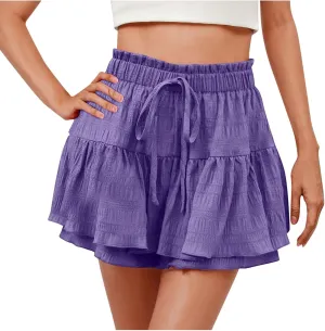 Skirts for Women Trendy Knee Length Casual High Elastic Waist Drawstring Double Ruffle Hem Loose Flowy Summer Skirts