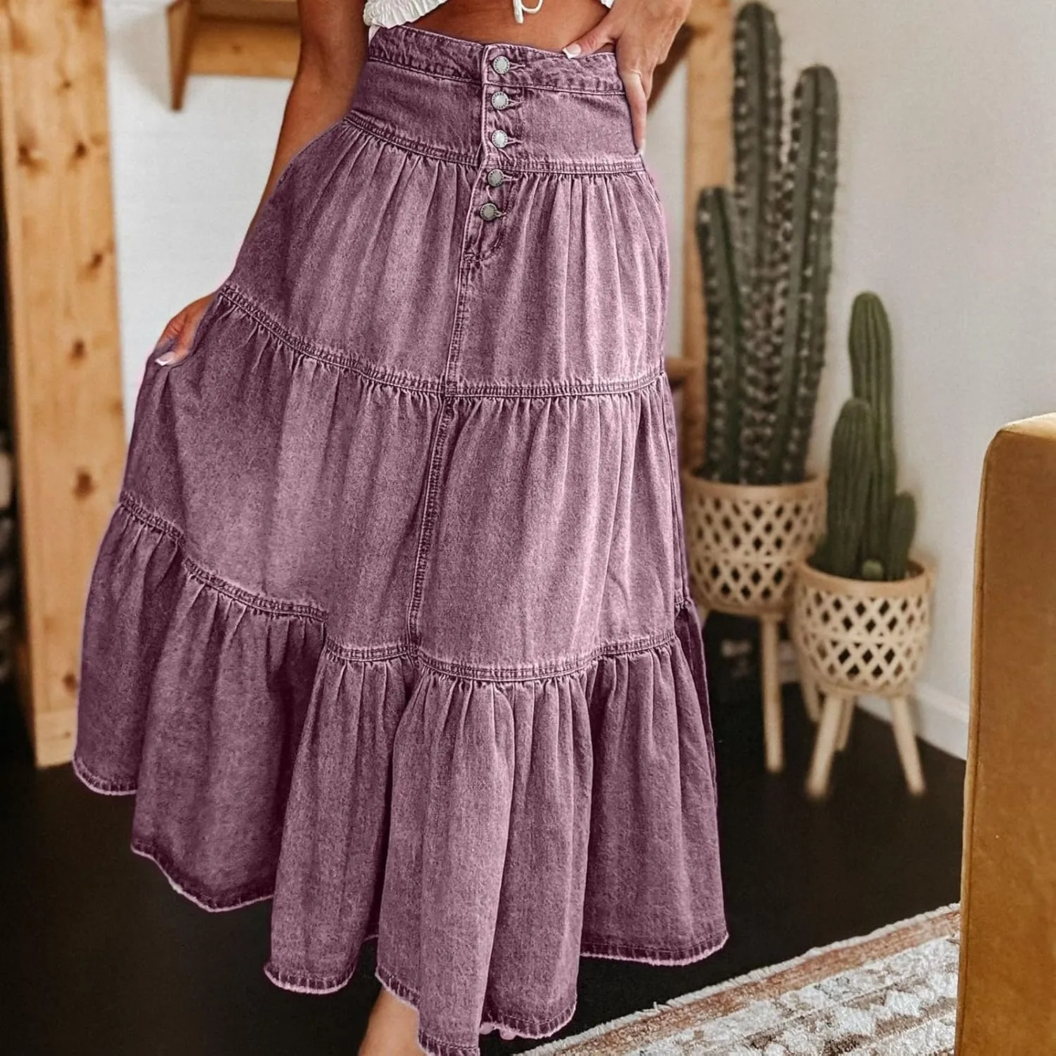 Skirts for Women,Long Denim Button Down High Waist Tiered Ruffle Swing A-Line Jean Maxi Skirt