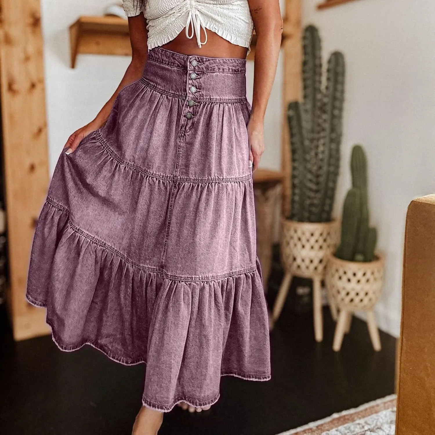 Skirts for Women,Long Denim Button Down High Waist Tiered Ruffle Swing A-Line Jean Maxi Skirt