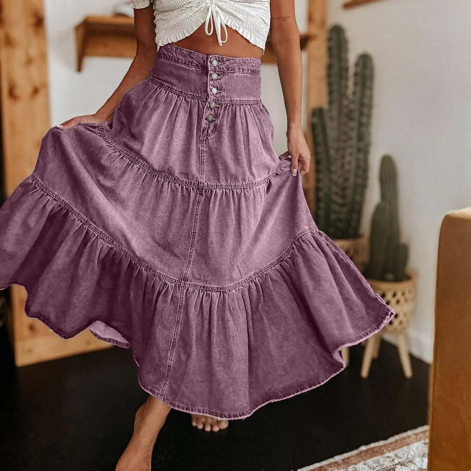 Skirts for Women,Long Denim Button Down High Waist Tiered Ruffle Swing A-Line Jean Maxi Skirt