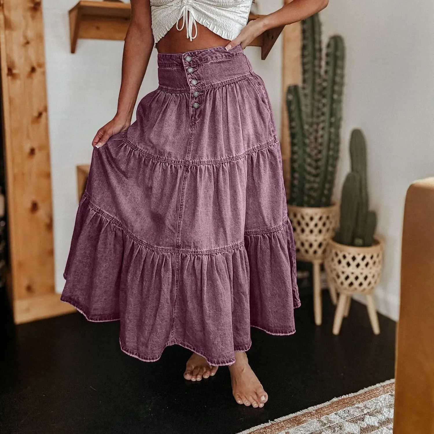 Skirts for Women,Long Denim Button Down High Waist Tiered Ruffle Swing A-Line Jean Maxi Skirt