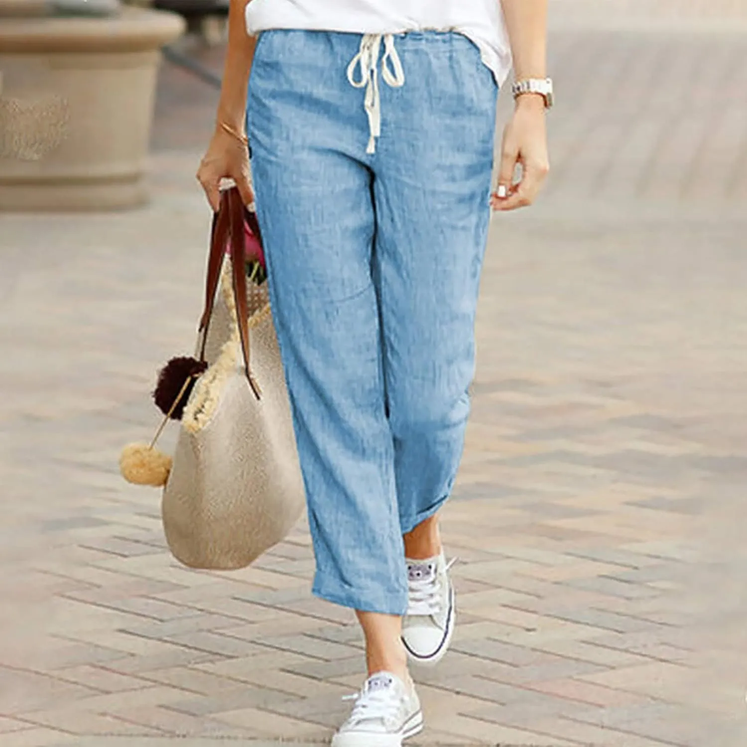SMIDOW Linen Pants for Women Drawstring Elastic Waist Cotton Pants Cuffed Hem Ankle Trousers Straight Leg Capris Pants