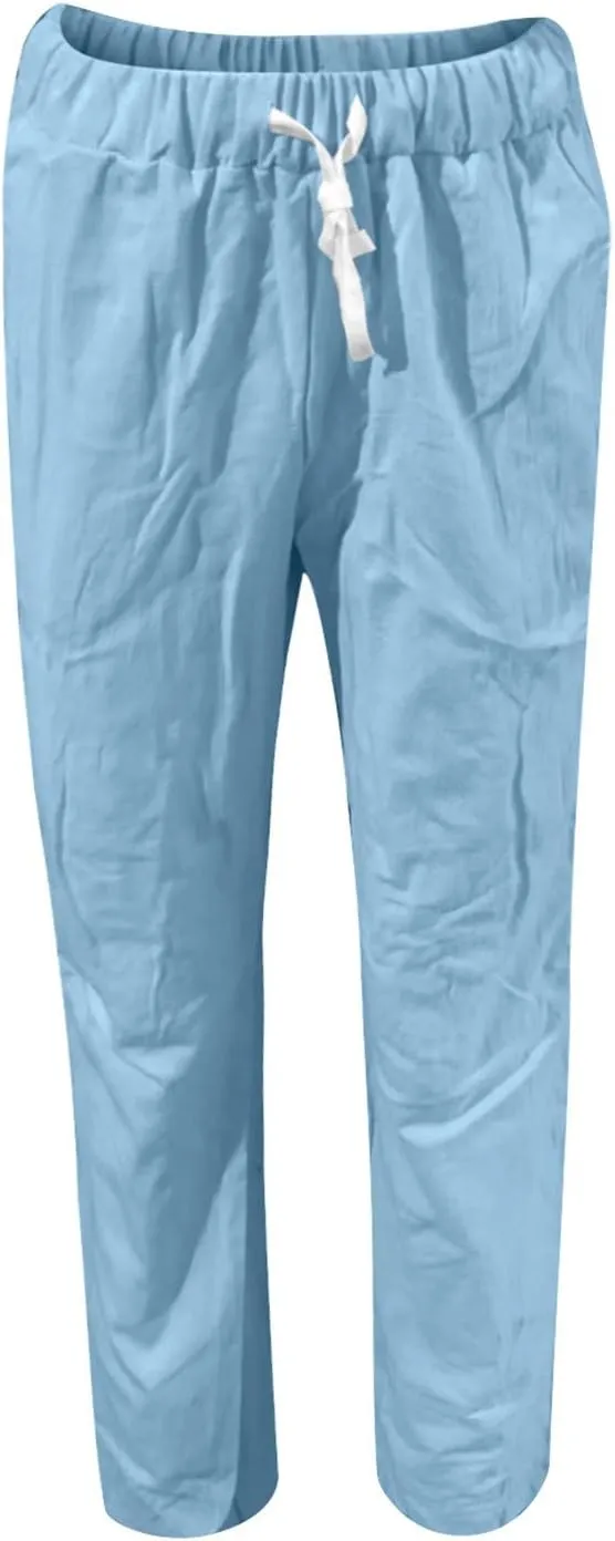 SMIDOW Linen Pants for Women Drawstring Elastic Waist Cotton Pants Cuffed Hem Ankle Trousers Straight Leg Capris Pants