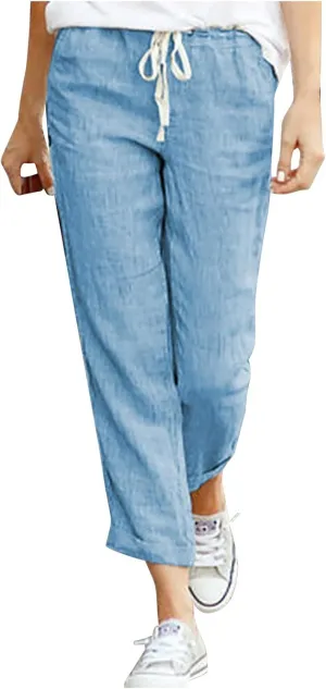 SMIDOW Linen Pants for Women Drawstring Elastic Waist Cotton Pants Cuffed Hem Ankle Trousers Straight Leg Capris Pants