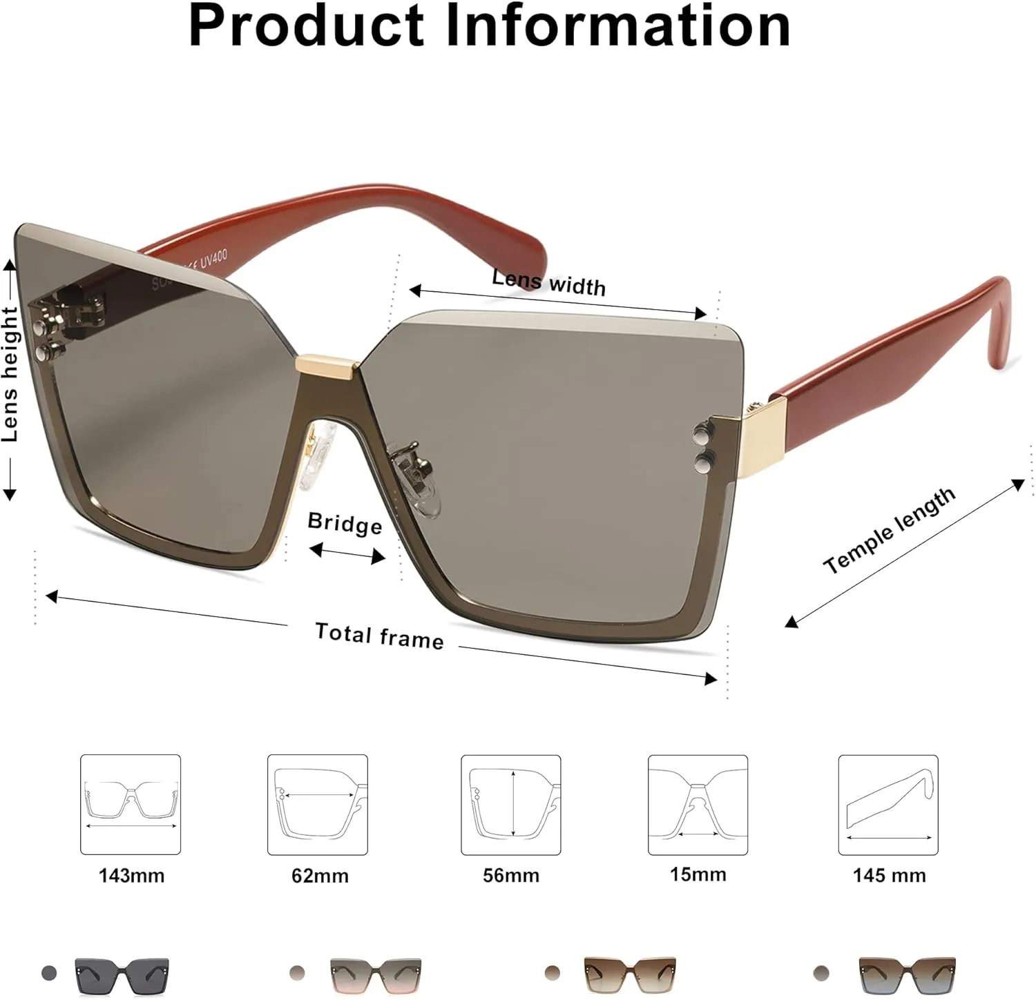 SOJOS Trendy Square Oversized Sunglasses Womens Big Rimless UV400 Ladies Shades SJ1160