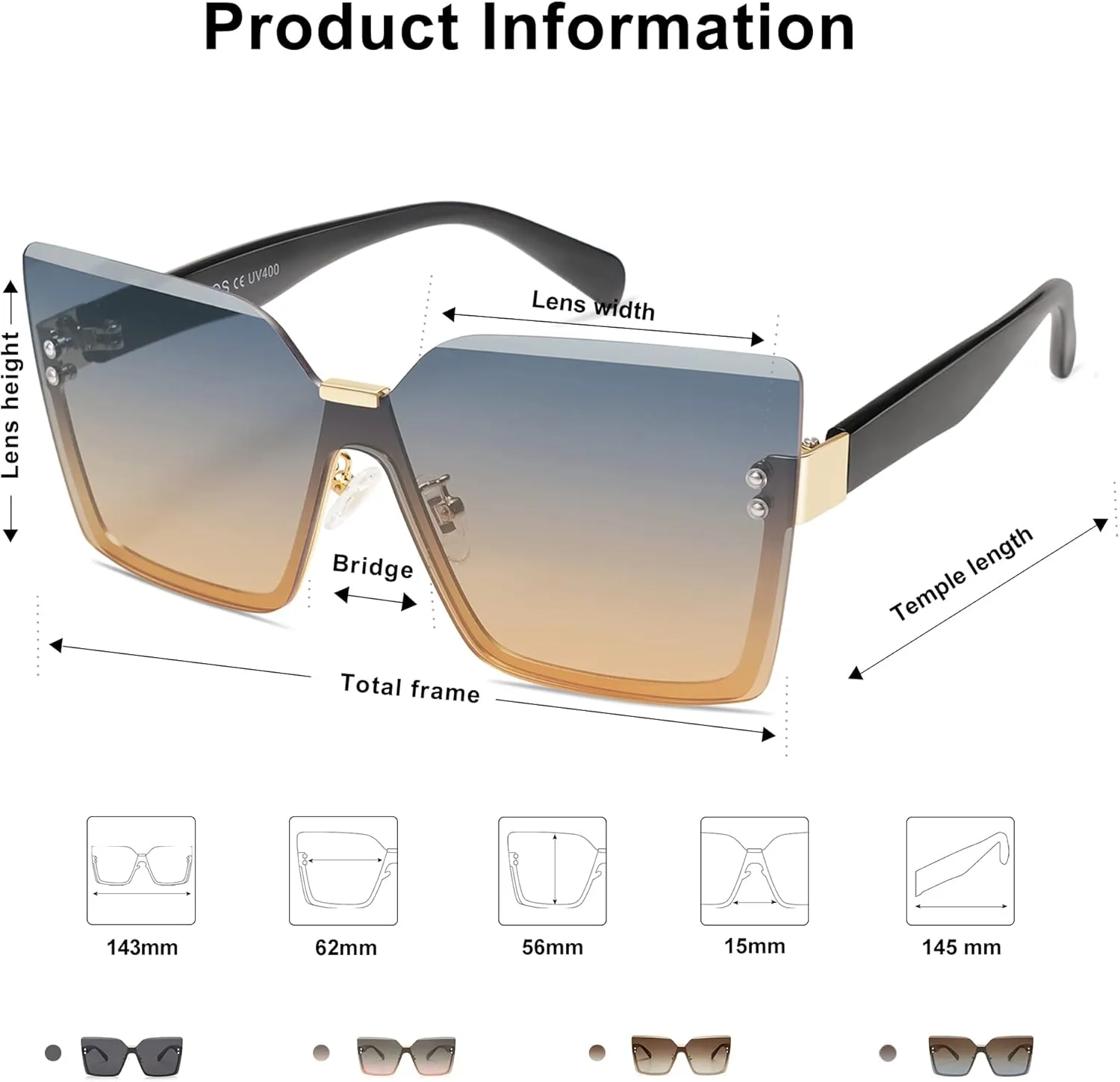 SOJOS Trendy Square Oversized Sunglasses Womens Big Rimless UV400 Ladies Shades SJ1160