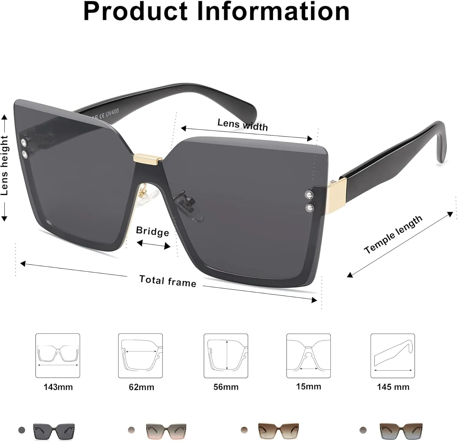 SOJOS Trendy Square Oversized Sunglasses Womens Big Rimless UV400 Ladies Shades SJ1160