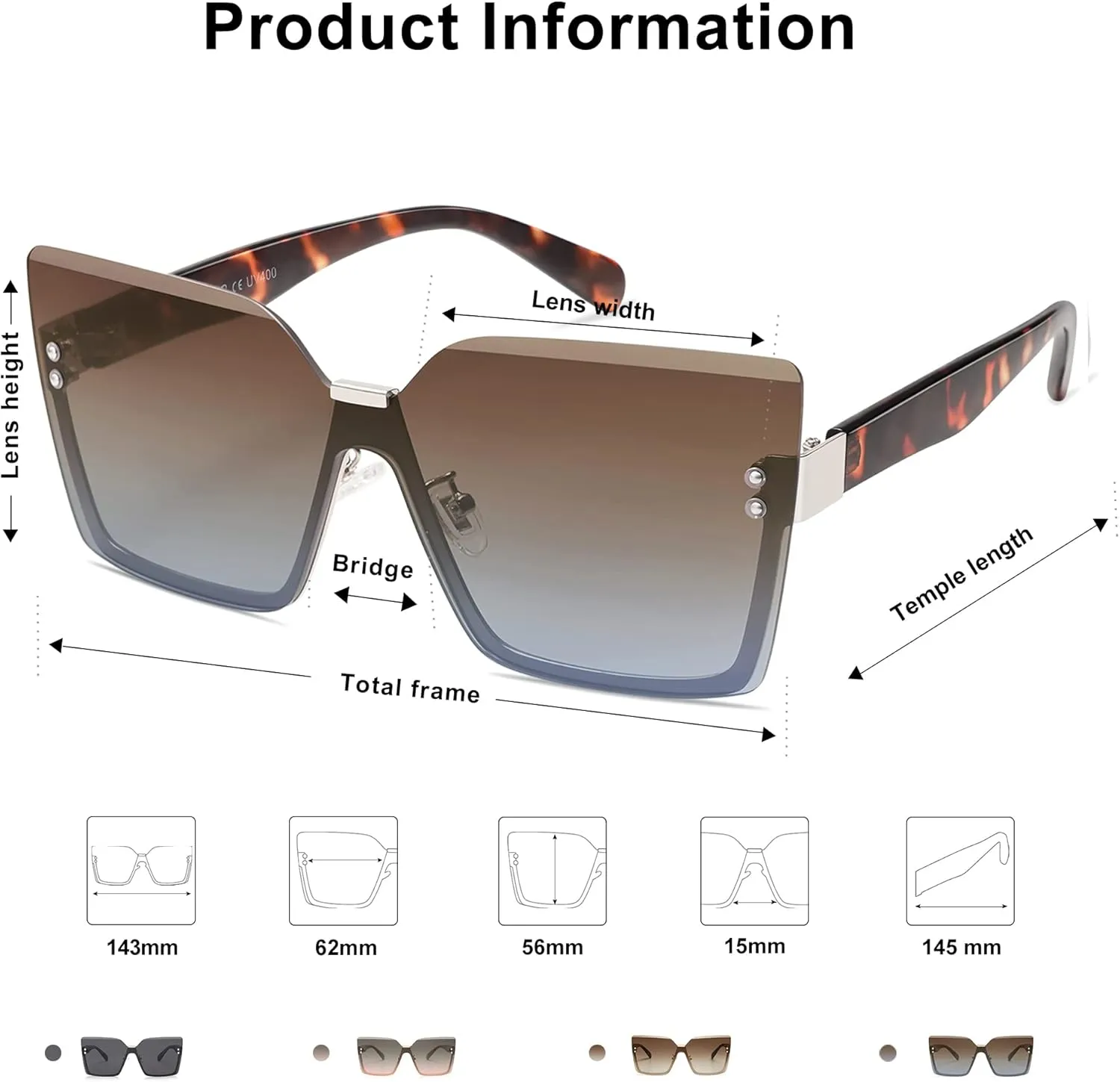 SOJOS Trendy Square Oversized Sunglasses Womens Big Rimless UV400 Ladies Shades SJ1160