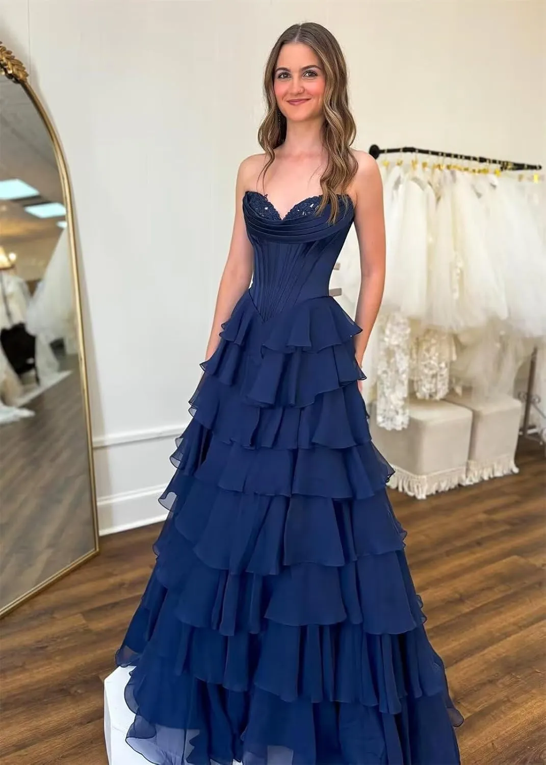 Strapless Chiffon Prom Dresses for Women Long Tiered Ruffle Corset Formal Evening Gowns for Women with Slit