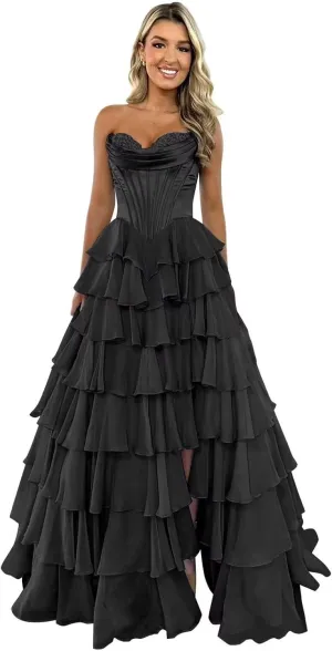 Strapless Chiffon Prom Dresses for Women Long Tiered Ruffle Corset Formal Evening Gowns for Women with Slit