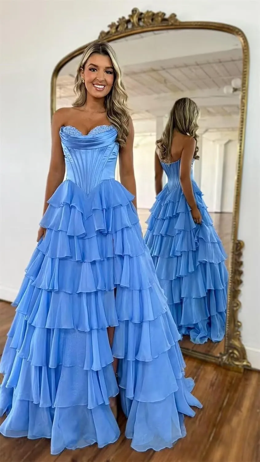 Strapless Chiffon Prom Dresses for Women Long Tiered Ruffle Corset Formal Evening Gowns for Women with Slit