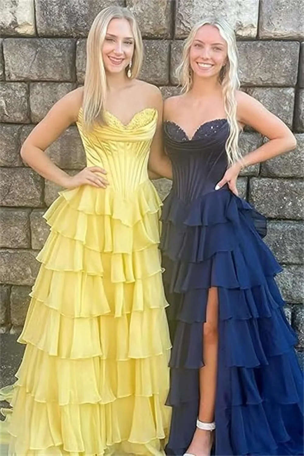 Strapless Chiffon Prom Dresses for Women Long Tiered Ruffle Corset Formal Evening Gowns for Women with Slit