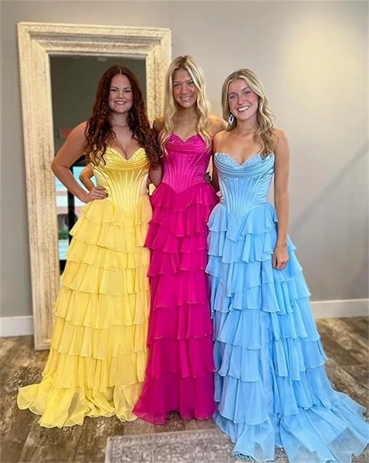 Strapless Chiffon Prom Dresses for Women Long Tiered Ruffle Corset Formal Evening Gowns for Women with Slit