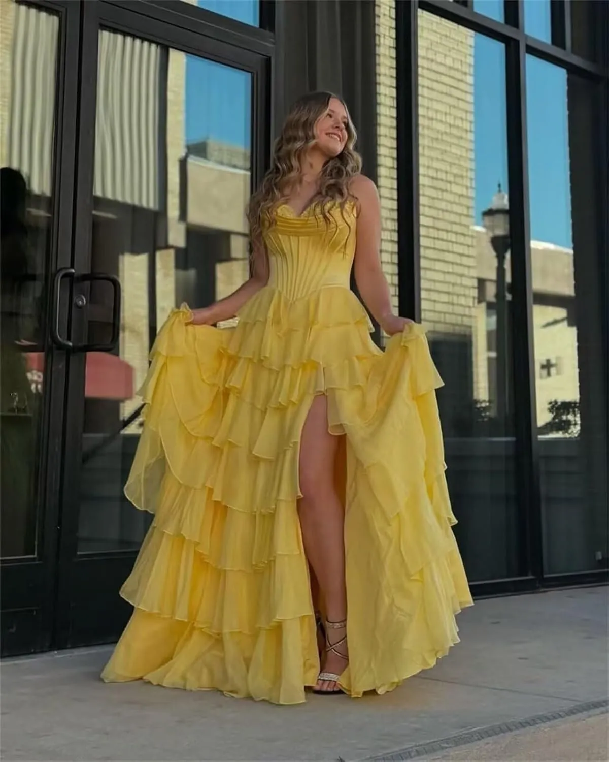 Strapless Chiffon Prom Dresses for Women Long Tiered Ruffle Corset Formal Evening Gowns for Women with Slit
