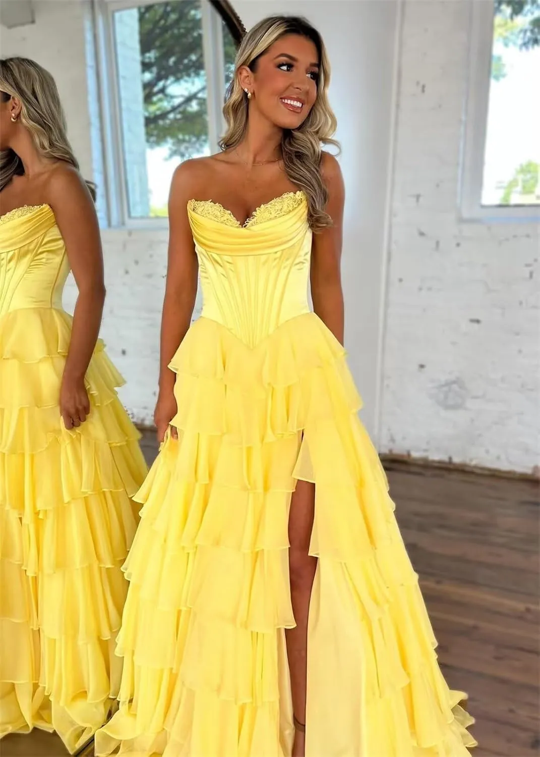 Strapless Chiffon Prom Dresses for Women Long Tiered Ruffle Corset Formal Evening Gowns for Women with Slit