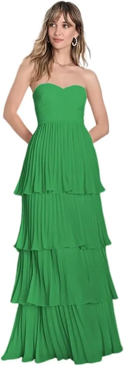 Strapless Tiered Prom Dresses 2025 for Women Sweetheart Bridesmaid Dresses Chiffon Ruched Formal Dress