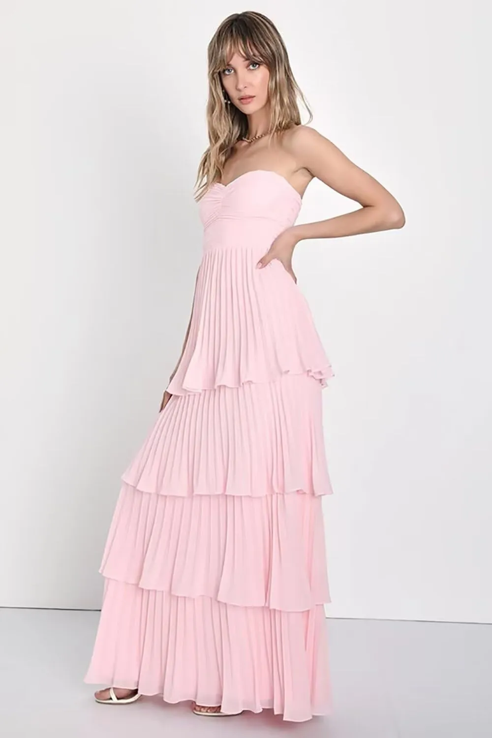 Strapless Tiered Prom Dresses 2025 for Women Sweetheart Bridesmaid Dresses Chiffon Ruched Formal Dress