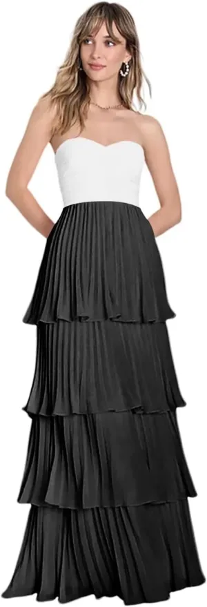 Strapless Tiered Prom Dresses 2025 for Women Sweetheart Bridesmaid Dresses Chiffon Ruched Formal Dress
