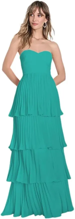 Strapless Tiered Prom Dresses 2025 for Women Sweetheart Bridesmaid Dresses Chiffon Ruched Formal Dress