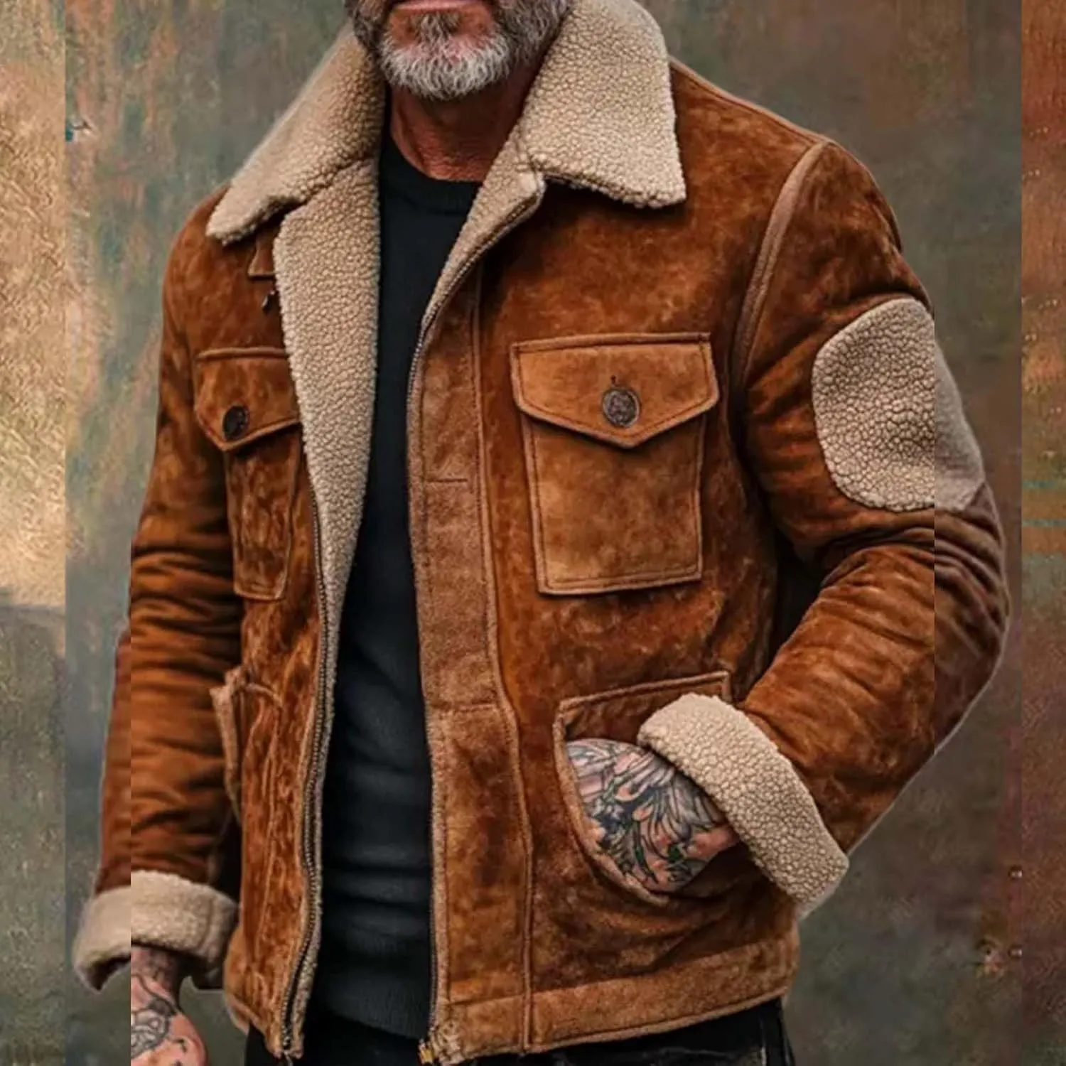 Suede Leather Jacket Men Winter Fur Shearling Duster Coat Retro Faux Leather Fleece Motorcycle Trucker Western Jacket