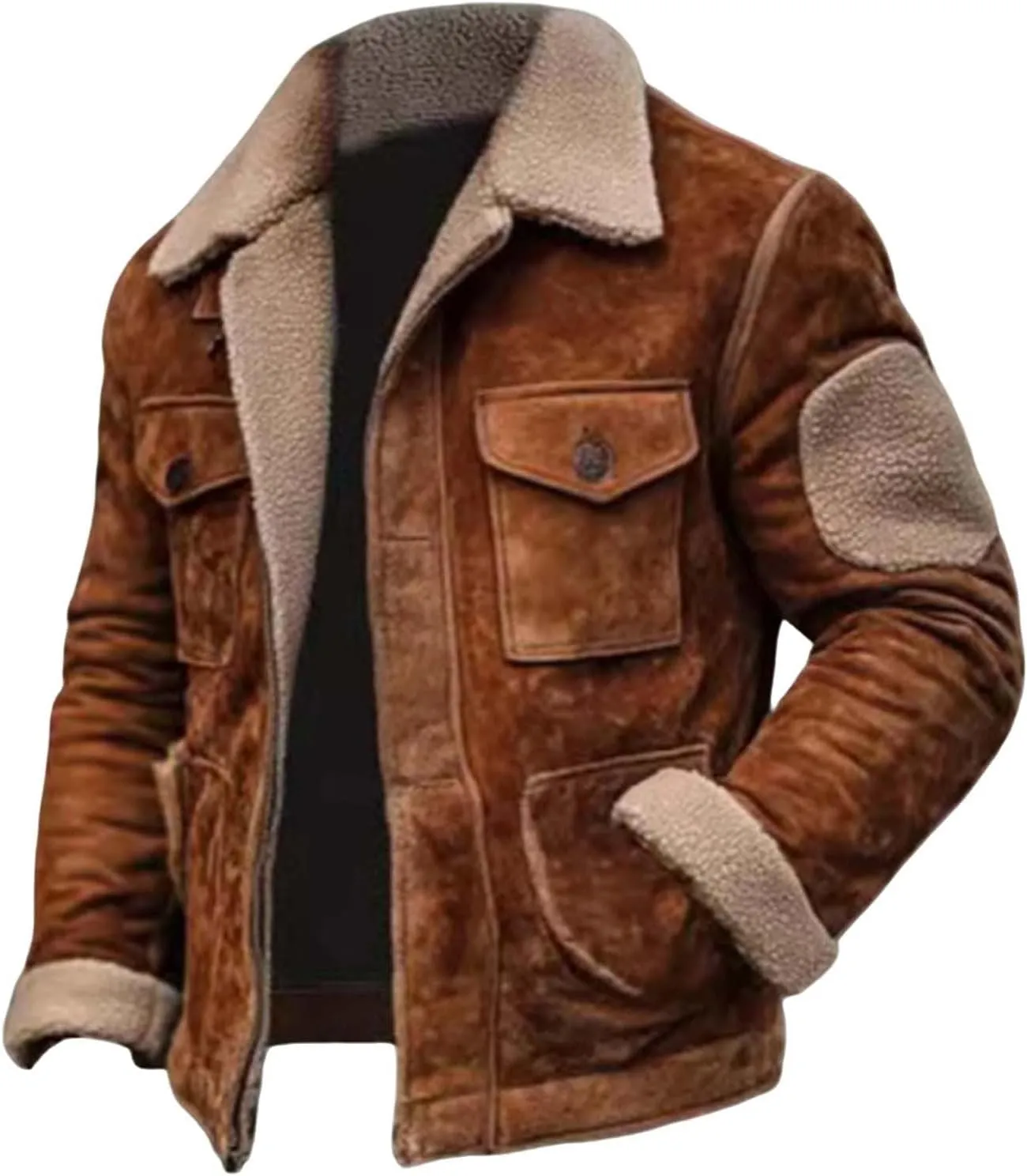 Suede Leather Jacket Men Winter Fur Shearling Duster Coat Retro Faux Leather Fleece Motorcycle Trucker Western Jacket