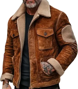 Suede Leather Jacket Men Winter Fur Shearling Duster Coat Retro Faux Leather Fleece Motorcycle Trucker Western Jacket