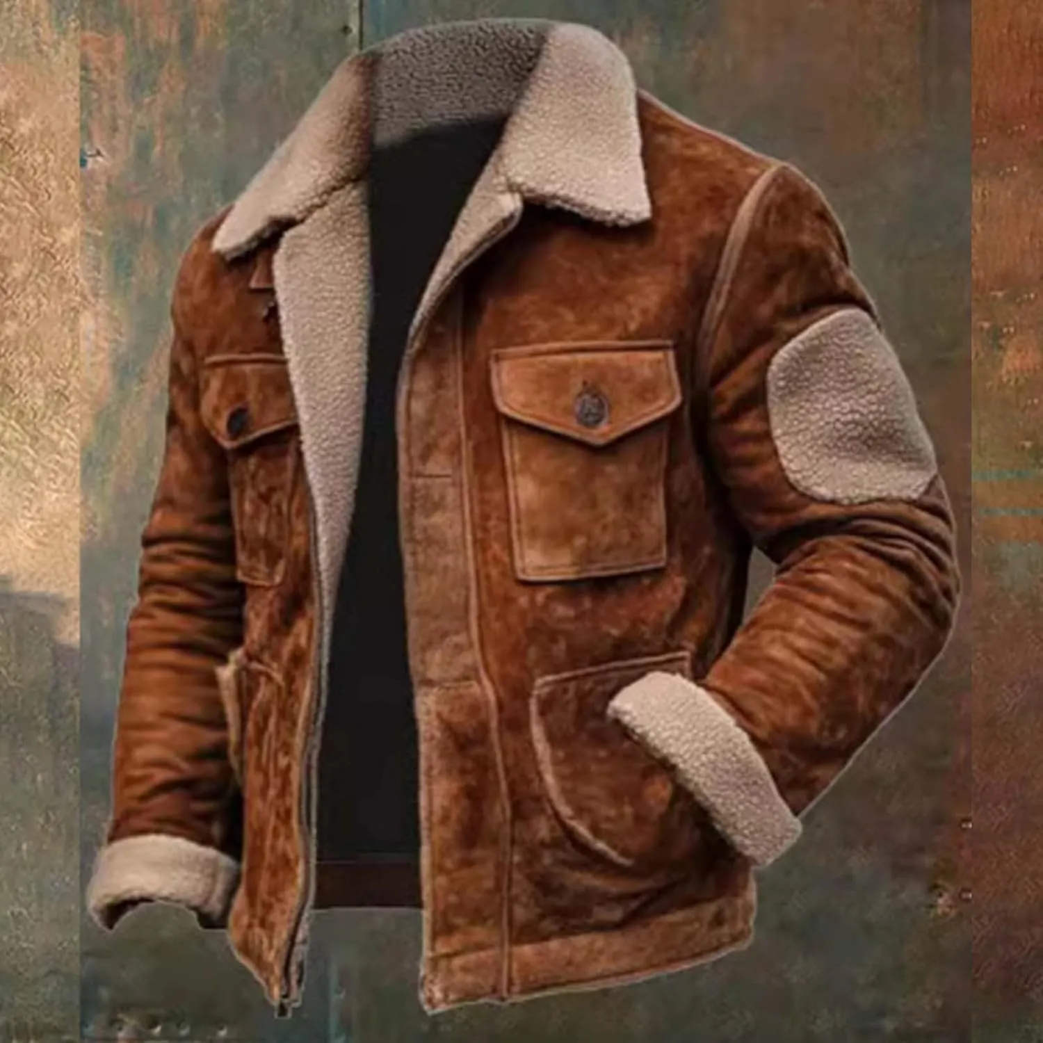 Suede Leather Jacket Men Winter Fur Shearling Duster Coat Retro Faux Leather Fleece Motorcycle Trucker Western Jacket