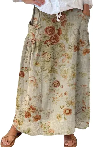 Summer Casual Flowy Long Skirts Women Boho Floral Elastic High Waist Tiered Pleated Beach Maxi Skirt