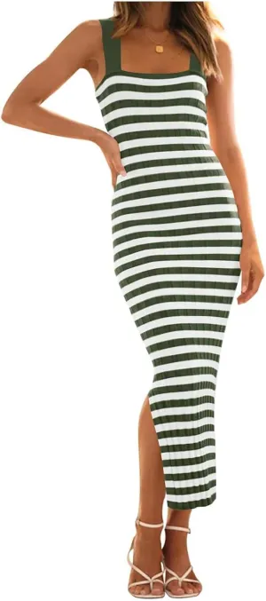Summer Dresses for Women 2025 Bodycon Midi Dress Sleeveless Slim Fit Dresses Fashion Striped Party Club Dress
