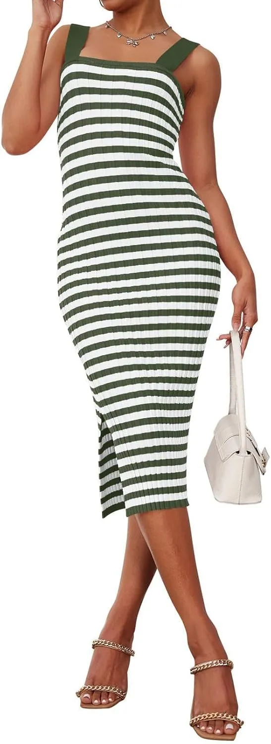 Summer Dresses for Women 2025 Bodycon Midi Dress Sleeveless Slim Fit Dresses Fashion Striped Party Club Dress