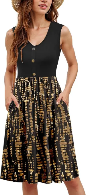 Summer Dresses for Women 2025 Button Down Sleeveless V Neck Waist Midi Dress Fashion Printed Dress Sundress