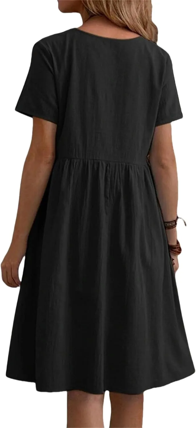 Summer Dresses for Women 2025 Cotton Linen Short Sleeve Crewneck Tops Dress Casual Loose Fit Vintage Dresses