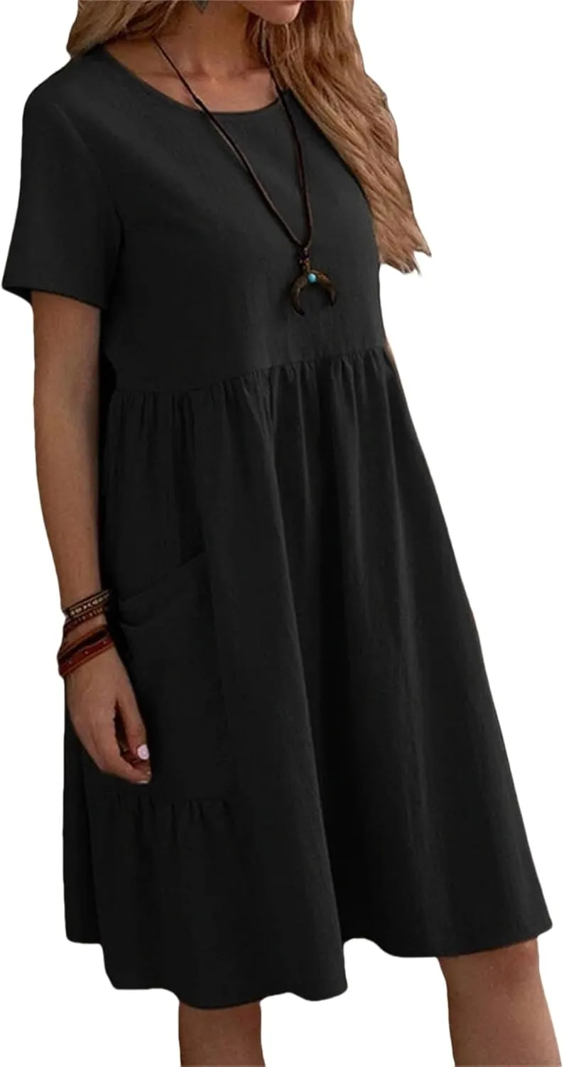 Summer Dresses for Women 2025 Cotton Linen Short Sleeve Crewneck Tops Dress Casual Loose Fit Vintage Dresses