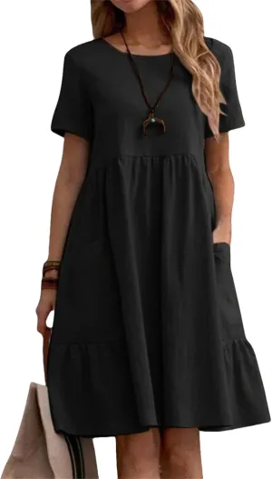 Summer Dresses for Women 2025 Cotton Linen Short Sleeve Crewneck Tops Dress Casual Loose Fit Vintage Dresses