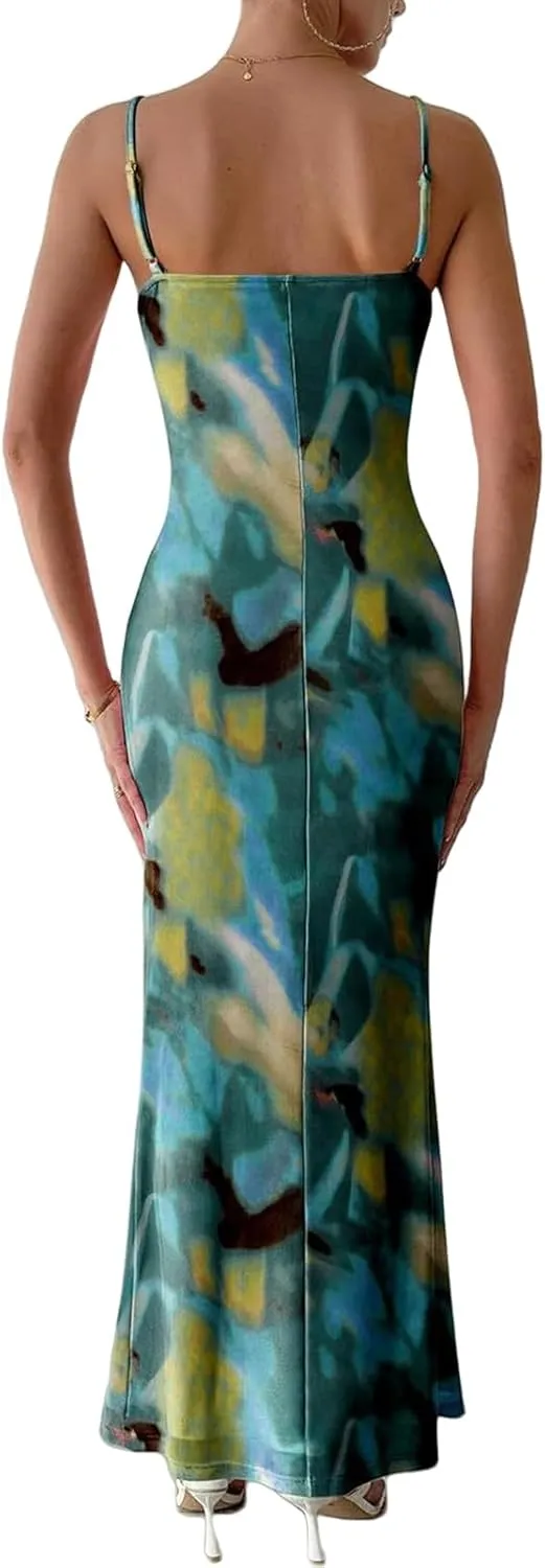 Summer Dresses for Women 2025 Floral Spaghetti Strap Maxi Dress Fashion Dressy Bodycon Sundress Wedding Guest Dress