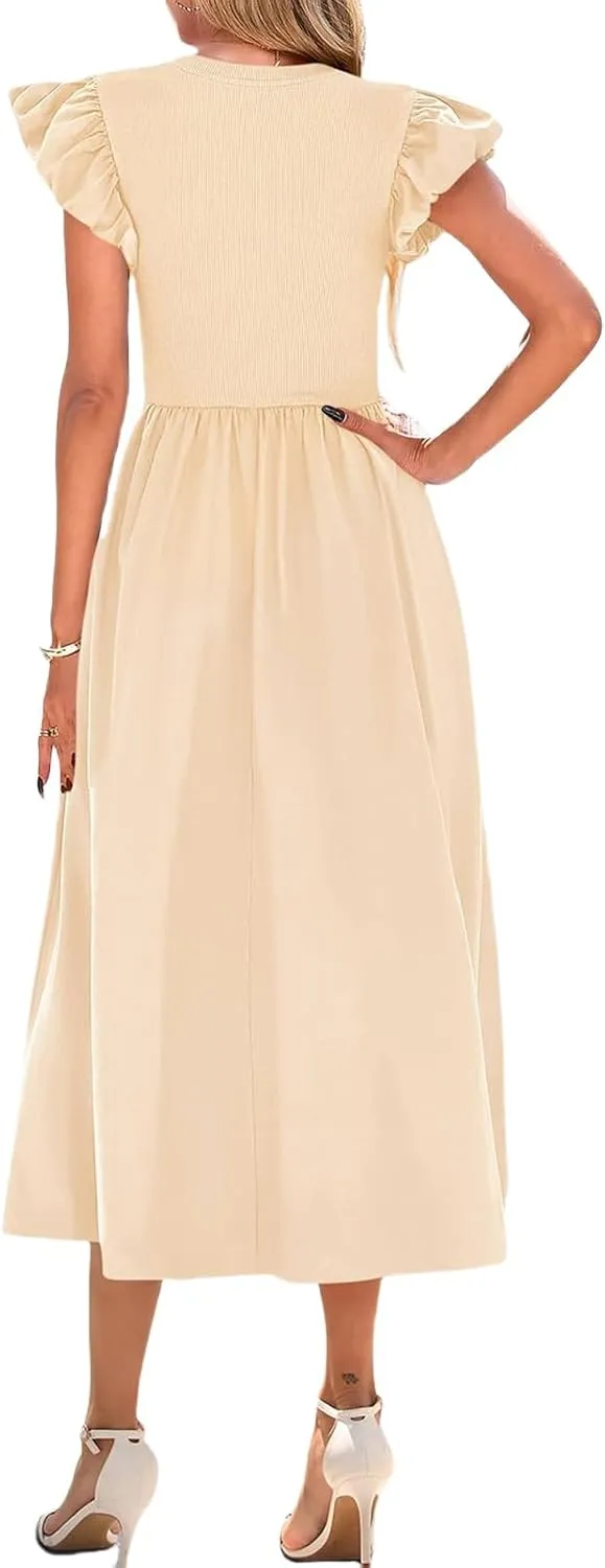 Summer Dresses for Women 2025 Puff Sleeve High Waist Crewneck Ruffle Maxi Dress Swing Flowy Dresses Sundress