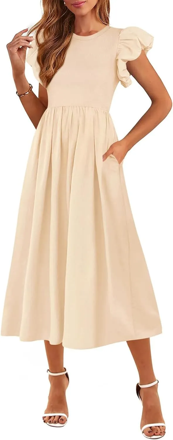 Summer Dresses for Women 2025 Puff Sleeve High Waist Crewneck Ruffle Maxi Dress Swing Flowy Dresses Sundress