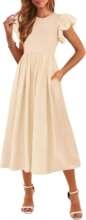 Summer Dresses for Women 2025 Puff Sleeve High Waist Crewneck Ruffle Maxi Dress Swing Flowy Dresses Sundress