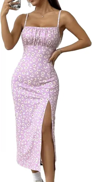 Summer Dresses for Women Boho Floral Spaghetti Strap Side Slit High Waist Long Dress Beach Vacation Sundress